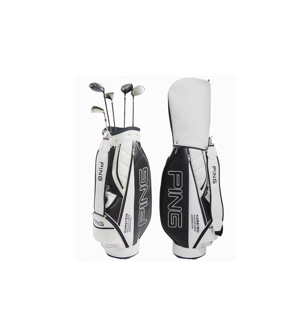 White and black PING golf stand bag displayed with golf clubs, showcasing its waterproof design, large capacity for clubs and accessories, and lightweight unisex-friendly build for convenient golfing.