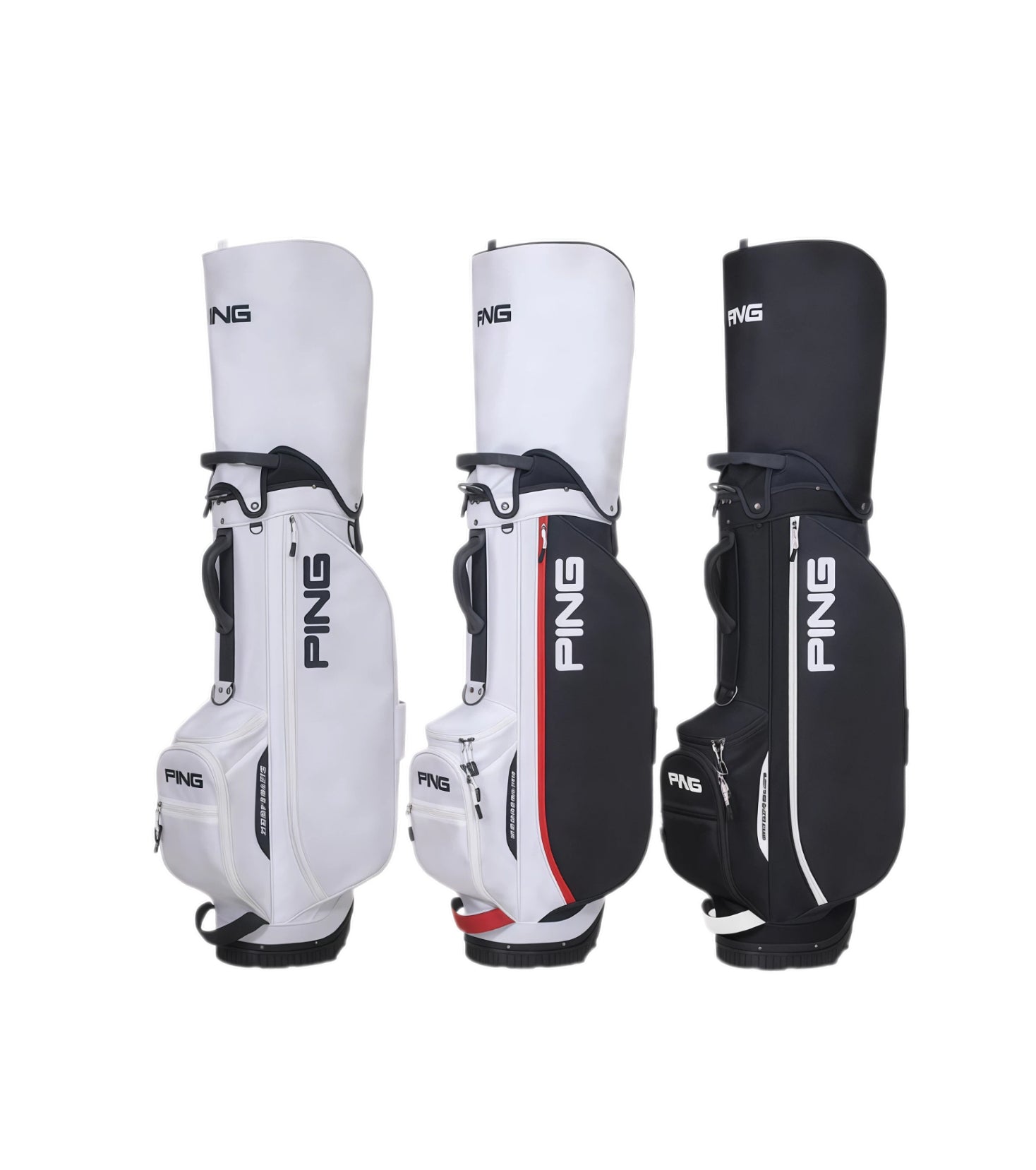 Front view showcasing all three color options of the PING Hoofer Lite Stand Bag: all-white, white/black/red, and all-black. Each features the "PING" logo and "HOOFER LITE" text. Great for comparing styles.
