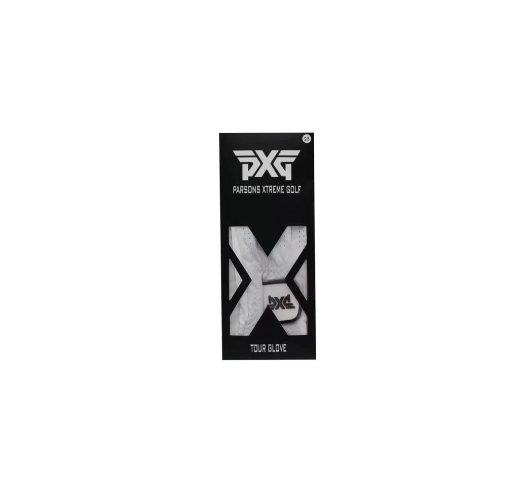 PXG Tour Glove in original black retail packaging, labeled "Parsons Xtreme Golf," containing a white left-hand synthetic leather golf glove.