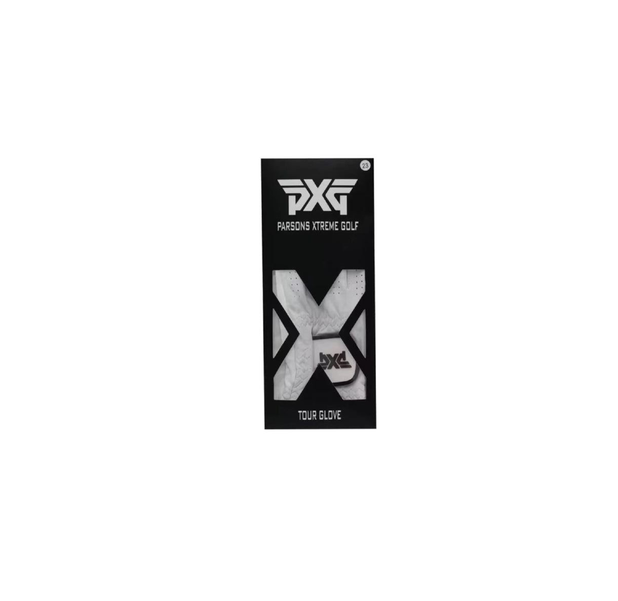 PXG Tour Glove in original black retail packaging, labeled "Parsons Xtreme Golf," containing a white left-hand synthetic leather golf glove.