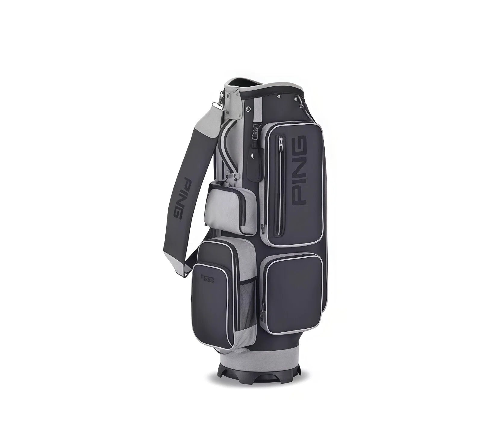 Gray golf bag with PING logo on a white background