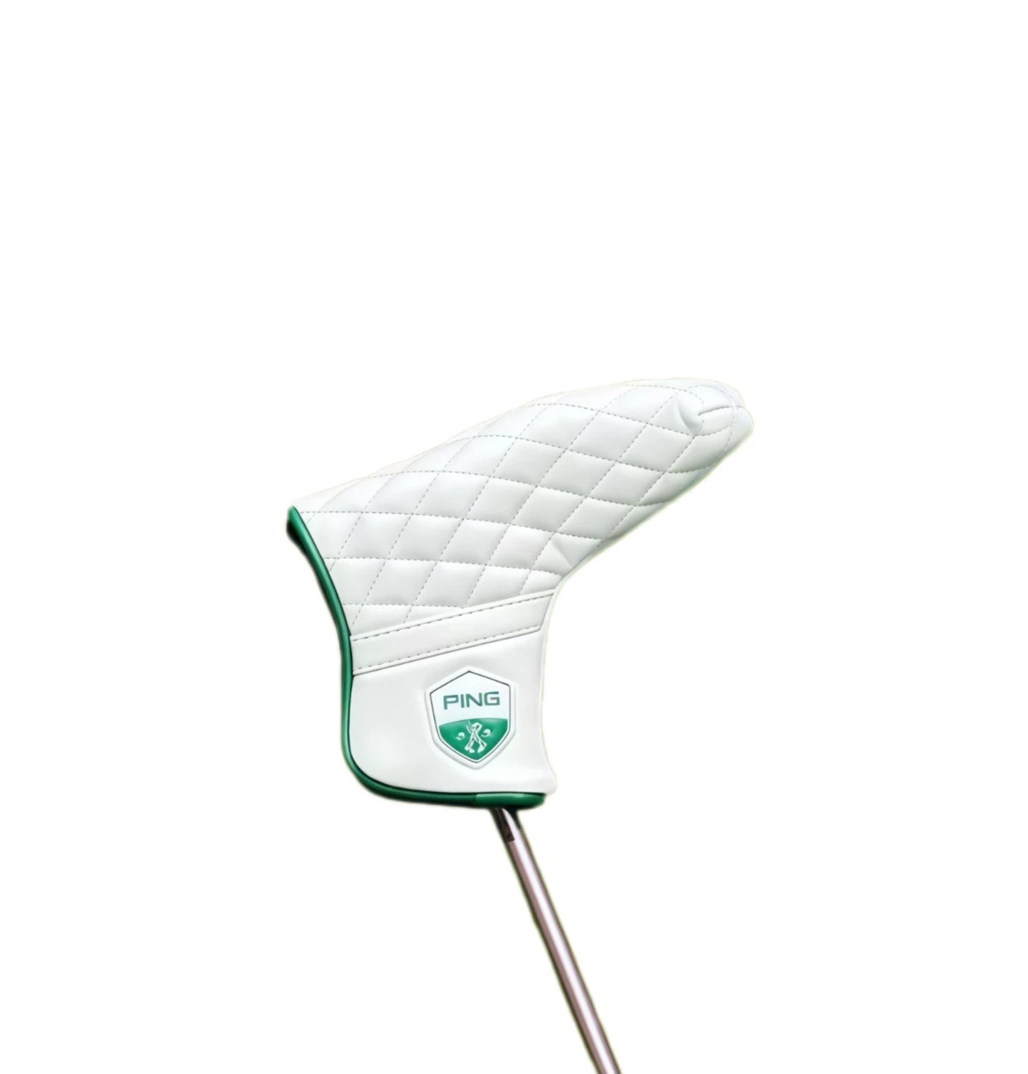 Side view of Ping Masters golf putter headcover showcasing quilted texture and green shield logo, providing stylish protection for golf putters.