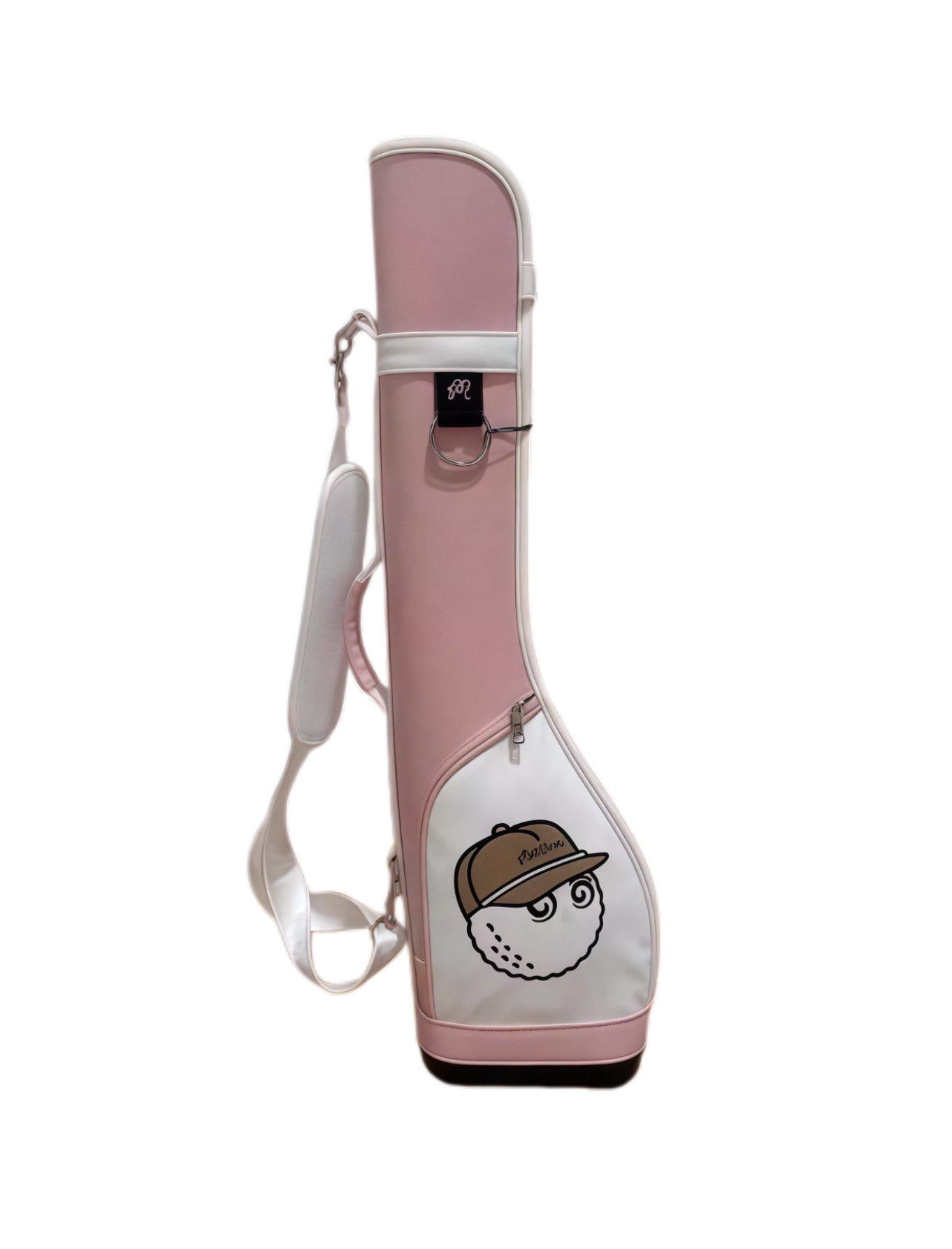 Soft pink Malbon Golf Sunday bag with white panel and cartoon golf ball mascot. Designed for style and comfort, ideal for women golfers and beginners.