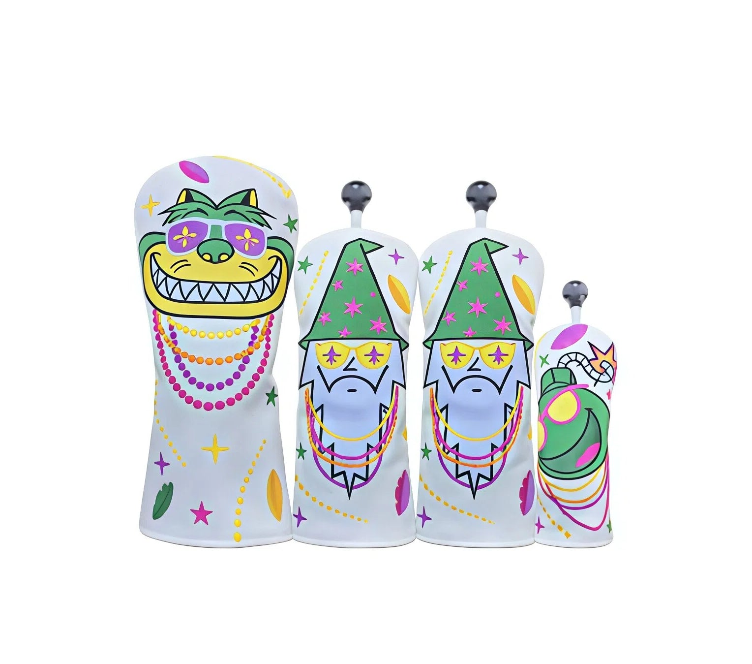 Premium embroidered Fat Cat golf headcovers set with festive white design, featuring wizard and cat characters, colorful beads and stars, compatible with driver, fairway, irons, and putter.