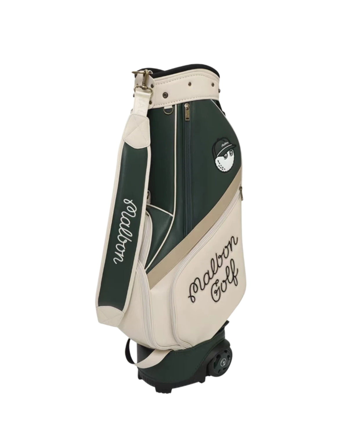 Rear perspective of Malbon Golf Classic Wheeled Stand Bag without top cover, revealing internal structure, zippers, and ergonomic back padding for comfort.