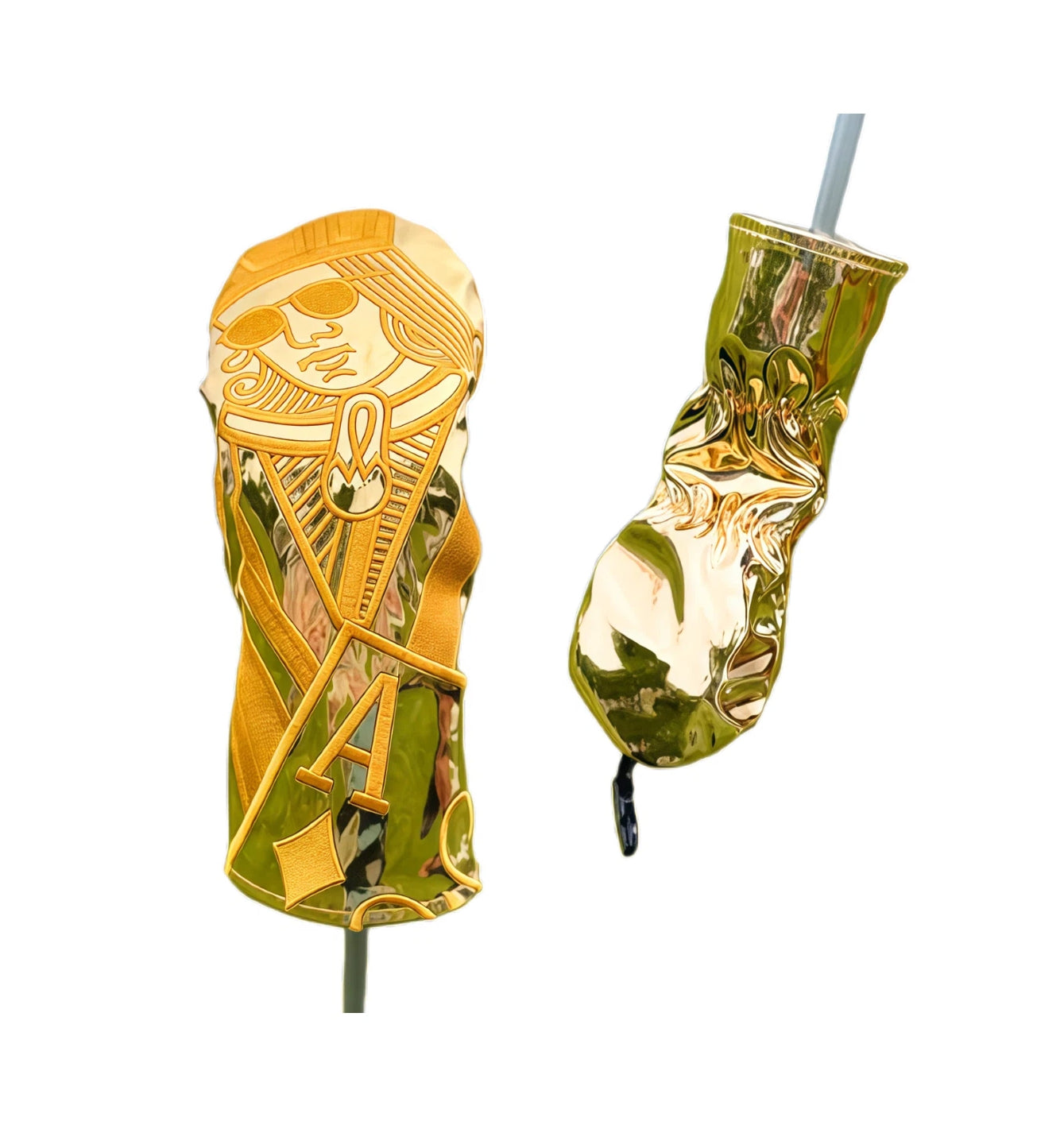 Front and back view of SWAG Gold Jack Poker headcover, displaying embossed jack face with crown and geometric patterns on reflective PU leather, suitable for hybrid or fairway wood with secure elastic fit.