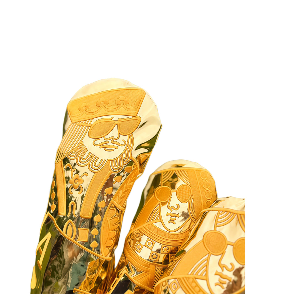 Close-up of SWAG Gold King Poker headcover featuring a royal king face with sunglasses and crown, gold embossed details on reflective PU leather, designed for driver and fairway woods with waterproof protection.