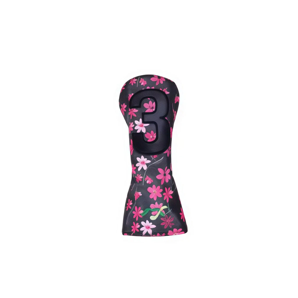 Front-facing shot of black Sakura golf headcover for #3 fairway wood, showcasing 3D-style black number “3” over pink floral background, with subtle green leaf details and ergonomic shape for snug fit.