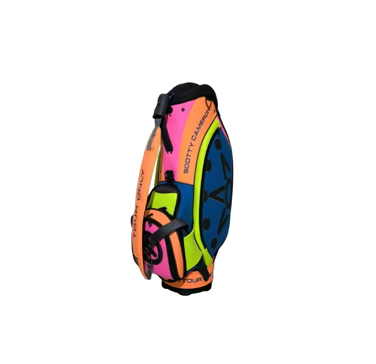 Back view of the Scotty Cameron 2023 Tour Bag, showing the "TOUR USE ONLY" text on the orange base and the detailed construction of the bag's rear.