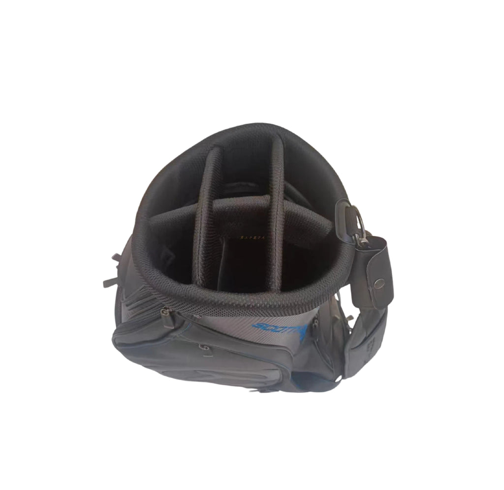Top-down view of the Scotty Cameron Backin Black Staff Bag showing the internal divider system, premium black fabric lining, and sturdy handle construction.