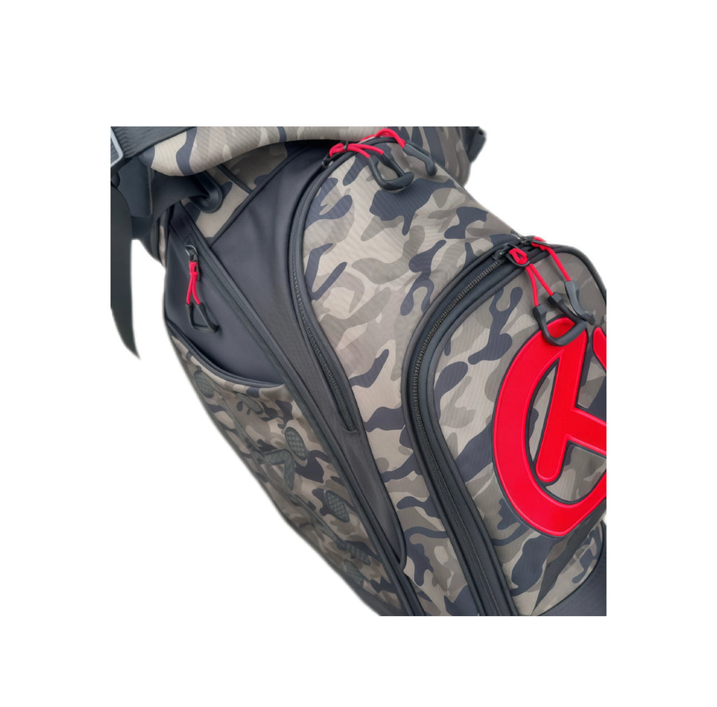 Detailed view of the Scotty Cameron Junior Camo-Red Stand Bag’s side pocket, featuring red zipper pulls, camouflage texture, and the prominent red Circle T logo on the pocket flap.