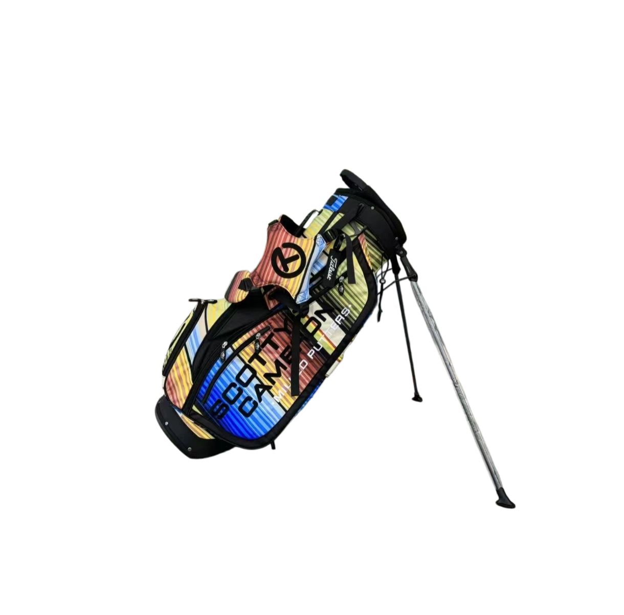 A side profile of the Scotty Cameron Pathfinder Sunset Serape stand bag, clearly showing the "SCOTTY CAMERON" text and the sleek, streamlined shape of the bag.