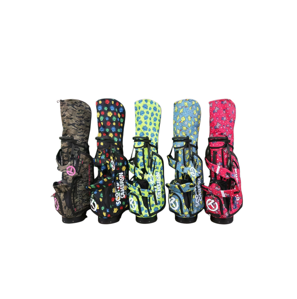 An angled view of five Scotty Cameron Pathfinder stand bags, highlighting their unique and colorful designs, including the Agave Man, camouflage, and other playful patterns.