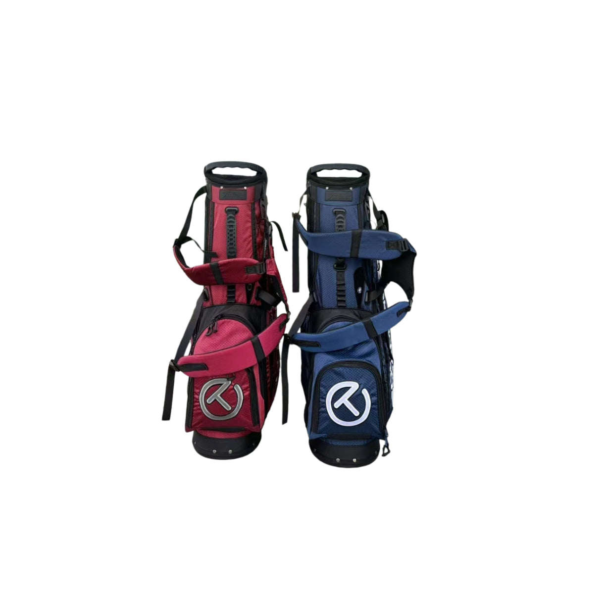 Two golf bags, one red and one blue, with logos on a white background