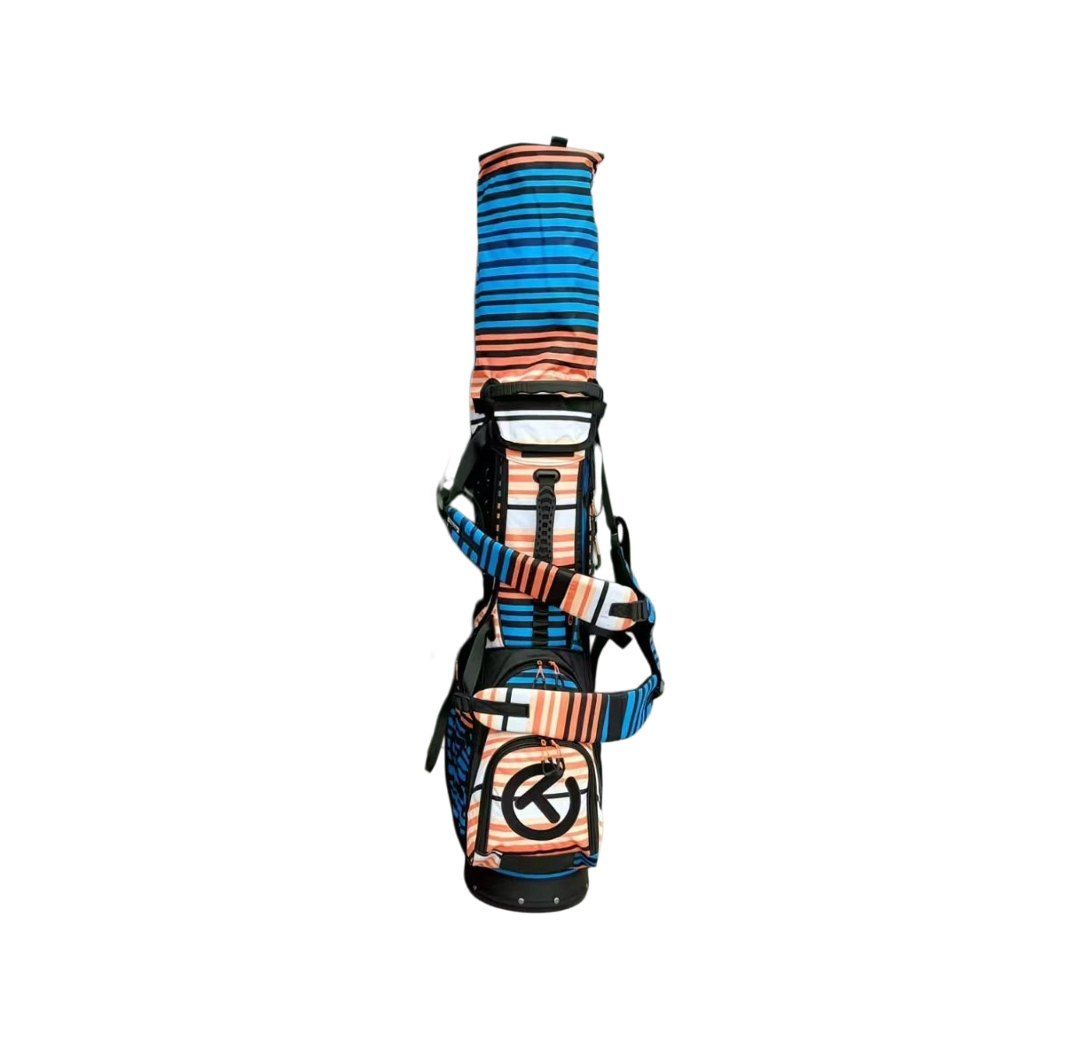 Colorful striped bag with a unique design on a white background