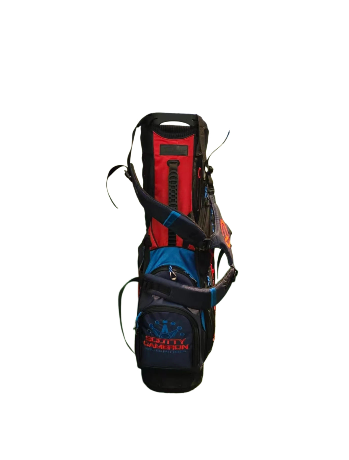 Front view of the Scotty Cameron Pathfinder Stand Bag displaying the iconic crown logo above "SCOTTY CAMERON MILLED PUTTERS" text, blue side pockets, and structured silhouette.