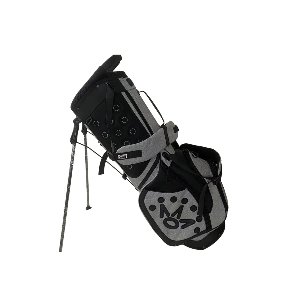 Side profile of the Scotty Cameron Pathfinder Heather-Gray golf bag. Highlights the "MILLED PUTTERS" text, black trim details, and the integrated stand mechanism.