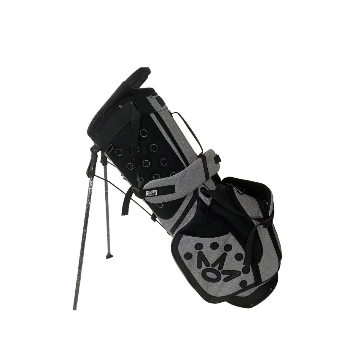 Side profile of the Scotty Cameron Pathfinder Heather-Gray golf bag. Highlights the "MILLED PUTTERS" text, black trim details, and the integrated stand mechanism.