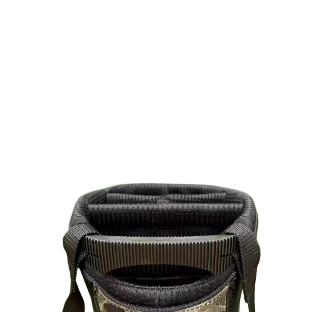 Top-down view of the Scotty Cameron Pathfinder Stand Bag, showing the black, padded interior with multiple dividers for organized club storage and a sturdy, ribbed top rim for durability.