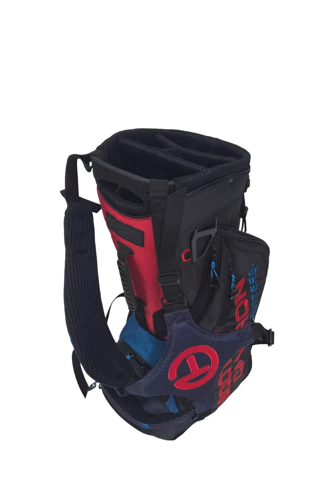 Top-down view of the Scotty Cameron Pathfinder Stand Bag showing the 5-way top with individual club slots, red and blue interior lining, and reinforced carry handle.