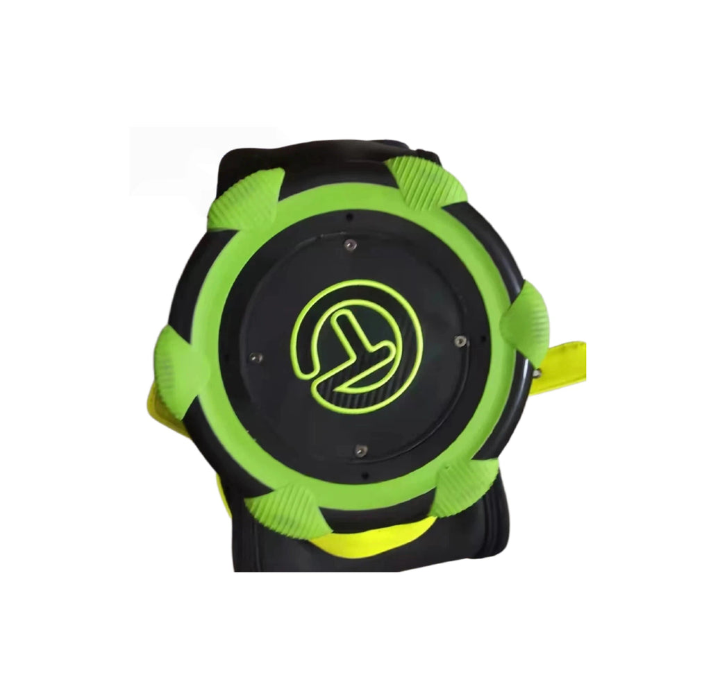 Bottom view of the Scotty Cameron Staff Bag 2022 Tour Bag, showing the reinforced base with neon yellow trim and embossed Circle T logo for durability and brand recognition.