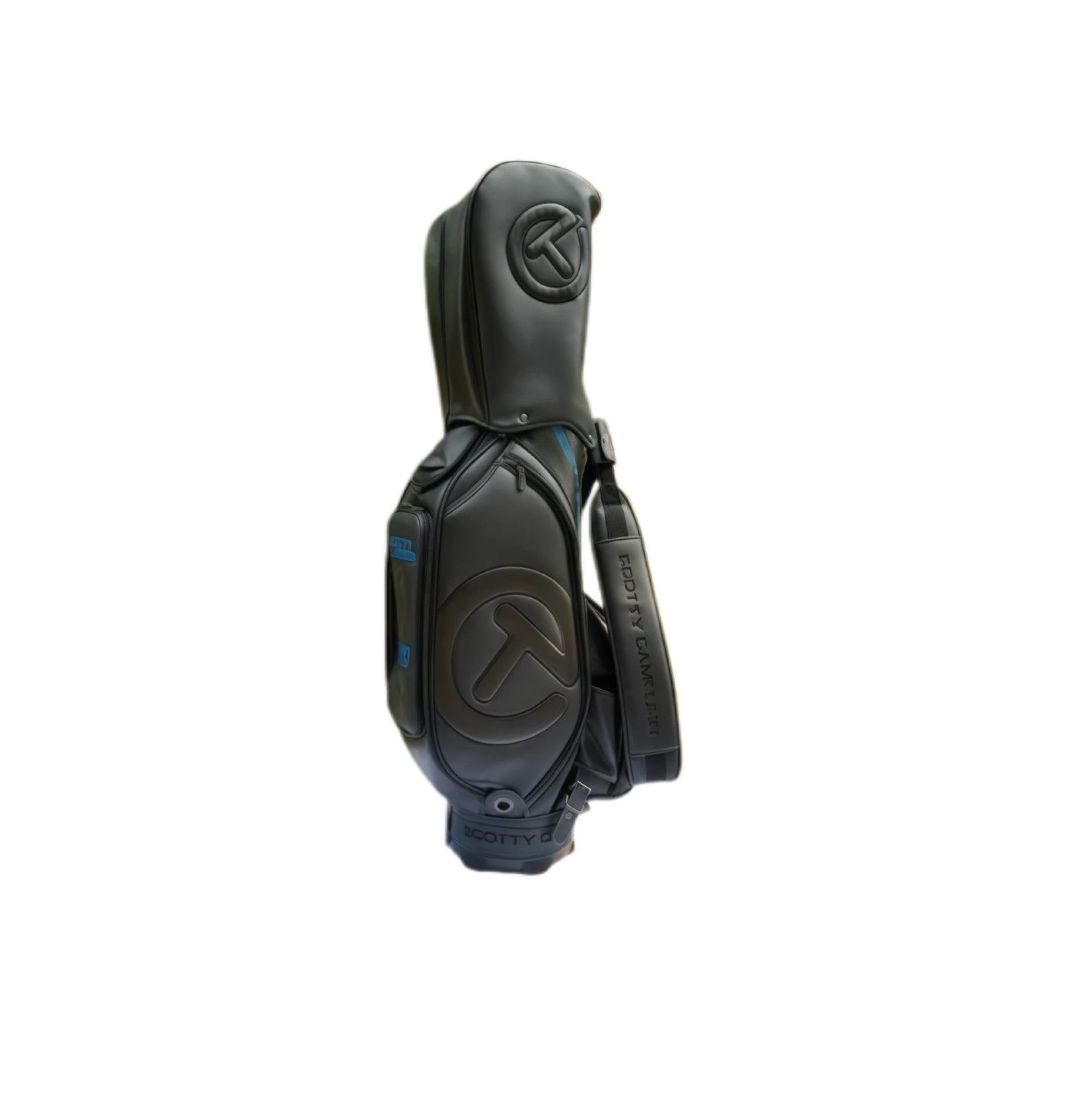 A side view of the Scotty Cameron Stealth Staff Bag in an all-black finish. This sleek and understated design features a tone-on-tone "Circle T" logo, perfect for players who prefer a minimalist and powerful aesthetic.