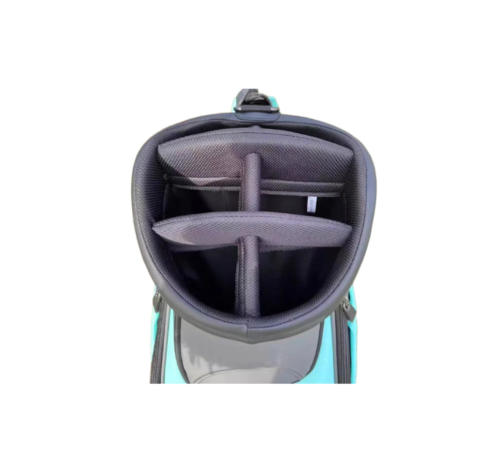 Rear angled perspective of the Scotty Cameron 2021 Staff Bag, highlighting the "NOVO" graphic design, premium zippers, and contoured shape.
