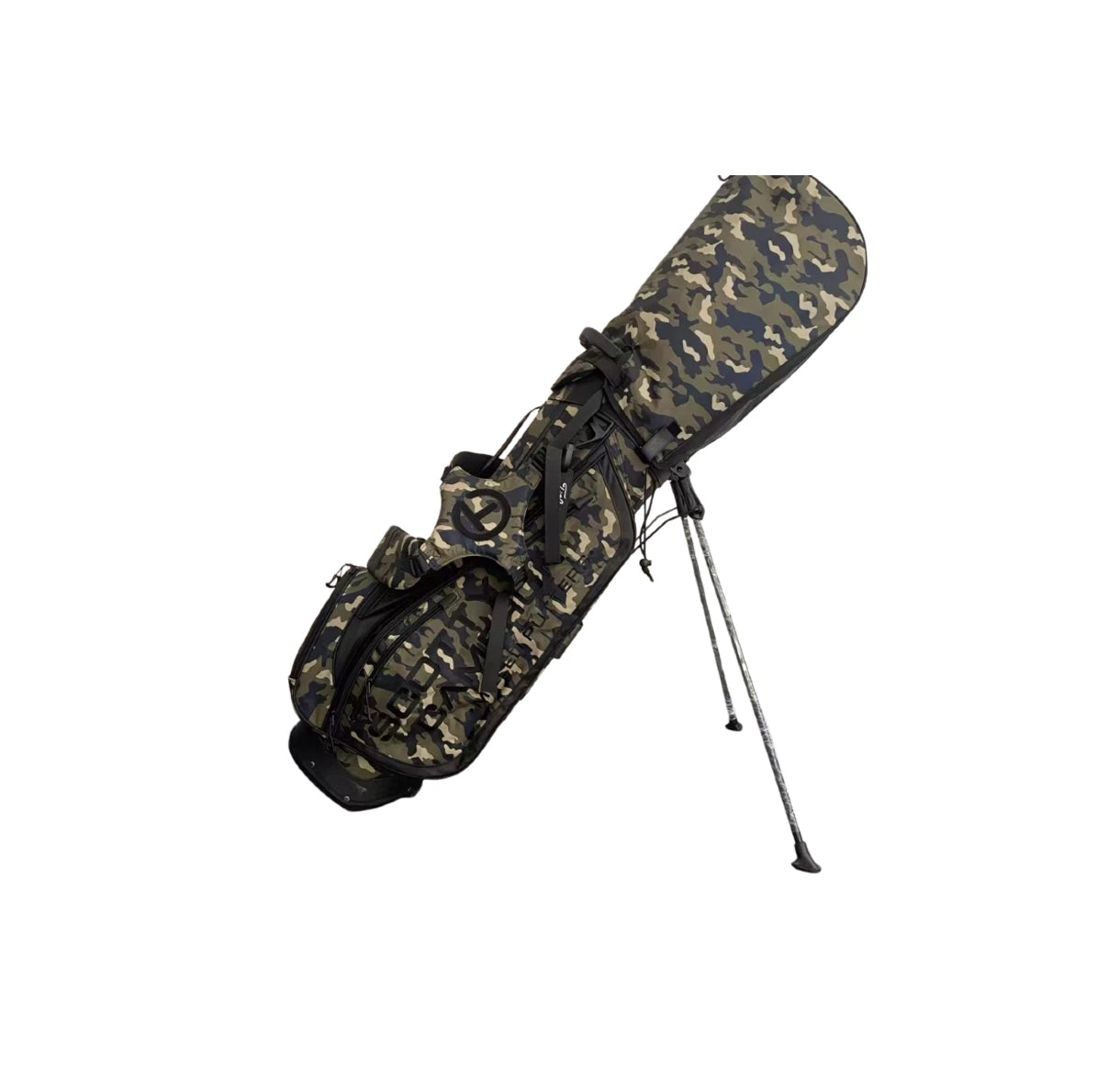  View of the Scotty Cameron Wanderer Stand Bag in Camo Green and Black, displaying the extended stand legs, dual strap system, and spacious pockets for golf essentials.