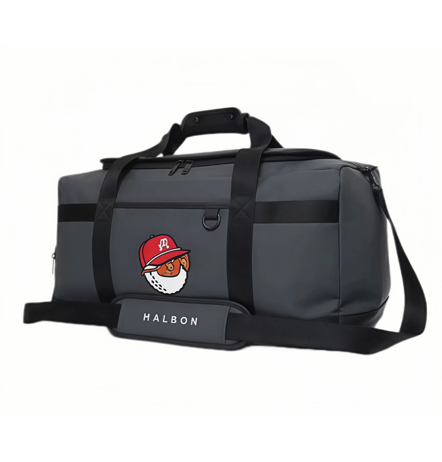 Charcoal grey Buckets boston bag in waterproof fabric with red-cap caveman mascot patch, black webbing handles and adjustable shoulder strap