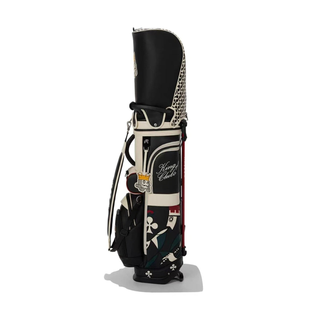 Side profile of Malbon Golf King of Clubs Stand Bag showing embroidered king mascot patch, geometric patterned hood, and 'King of Clubs' script on front panel.
