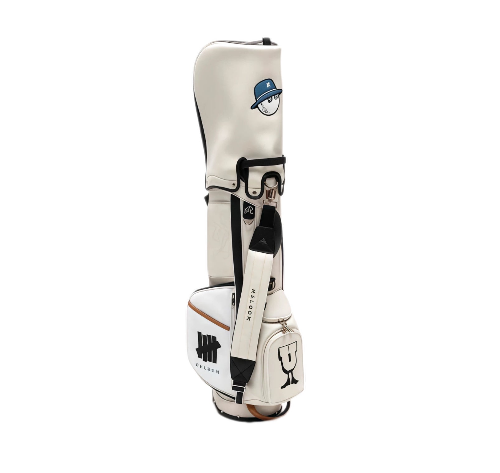 Side profile of Malbon Golf caddy bag showing adjustable shoulder strap with 'MALBON' text, embossed logo panel, and stylized golf club graphic on lower pocket.
