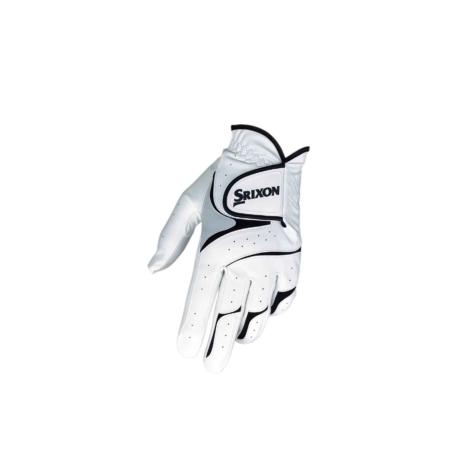 Srixon men's golf glove in white with black accents, featuring breathable fabric and anti-slip grip for enhanced comfort during play (left hand).