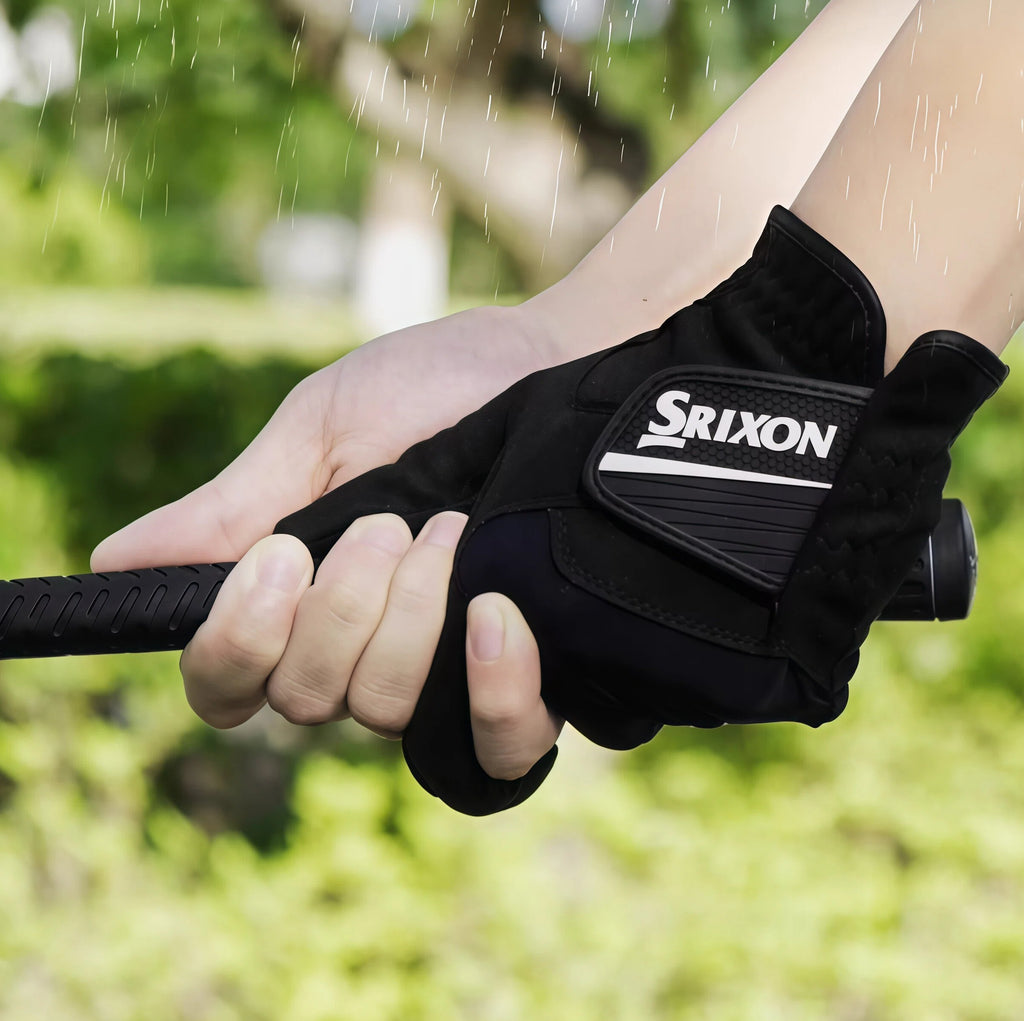 Srixon men's rain golf glove in black, featuring moisture-wicking material and all-weather grip for left-hand use during wet conditions.