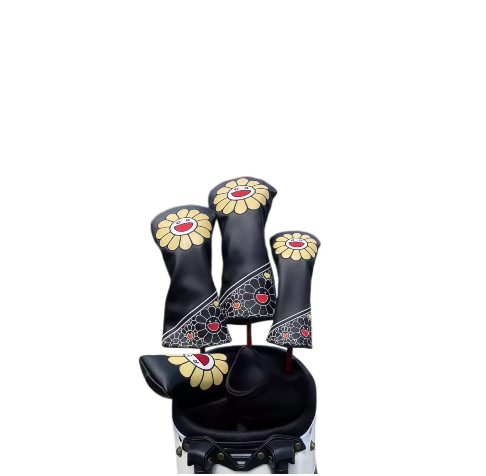 Sunflower Golf Headcovers Set in black with yellow sunflower pattern and magnetic closure - durable PU leather covers for driver, fairway, hybrid, and putter clubs - ideal for men and women golfers