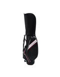 Front view of the TaylorMade Concept One golf cart bag in black featuring red and white diagonal accents, a padded shoulder strap, and the "TAYLORMADE" logo. Designed for durability and style, this lightweight golf bag includes multiple zippered compartments and a sleek, modern design perfect for everyday use.