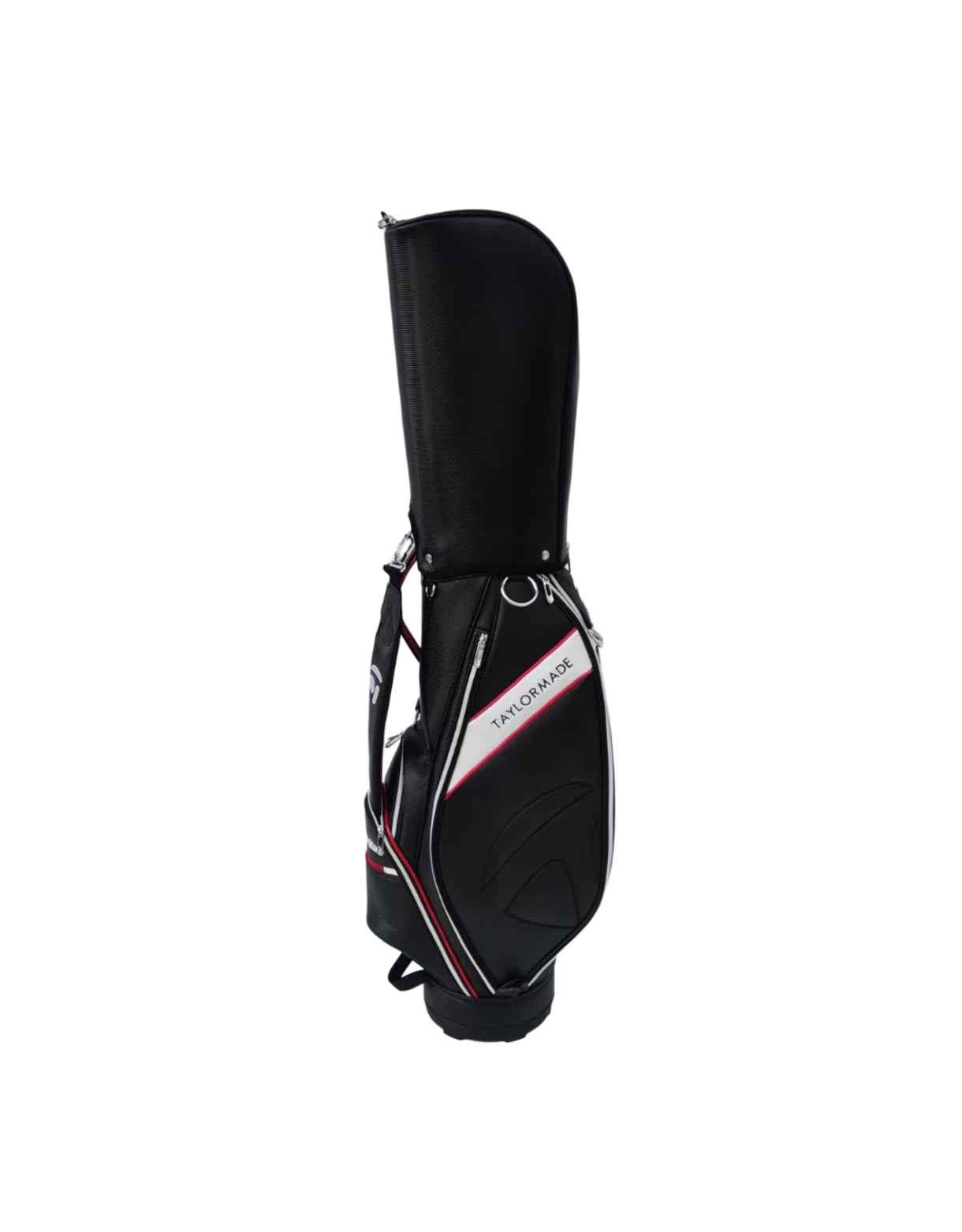 Front view of the TaylorMade Concept One golf cart bag in black featuring red and white diagonal accents, a padded shoulder strap, and the "TAYLORMADE" logo. Designed for durability and style, this lightweight golf bag includes multiple zippered compartments and a sleek, modern design perfect for everyday use.