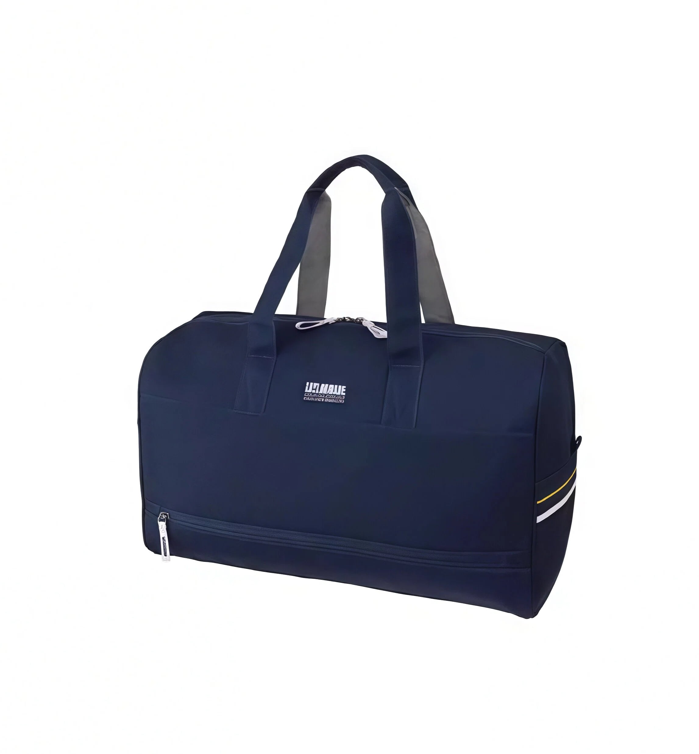 Top-down view of the navy blue TaylorMade duffel bag showing the small white "T.MADE" logo near the handle. Highlights minimalist branding and premium design.