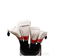TaylorMade headcover set displayed in a golf bag with white upper body, red accent stripe, and black stretch sleeve — ideal for protecting driver, fairway, and hybrid clubs while maintaining a sleek, professional look on the course.