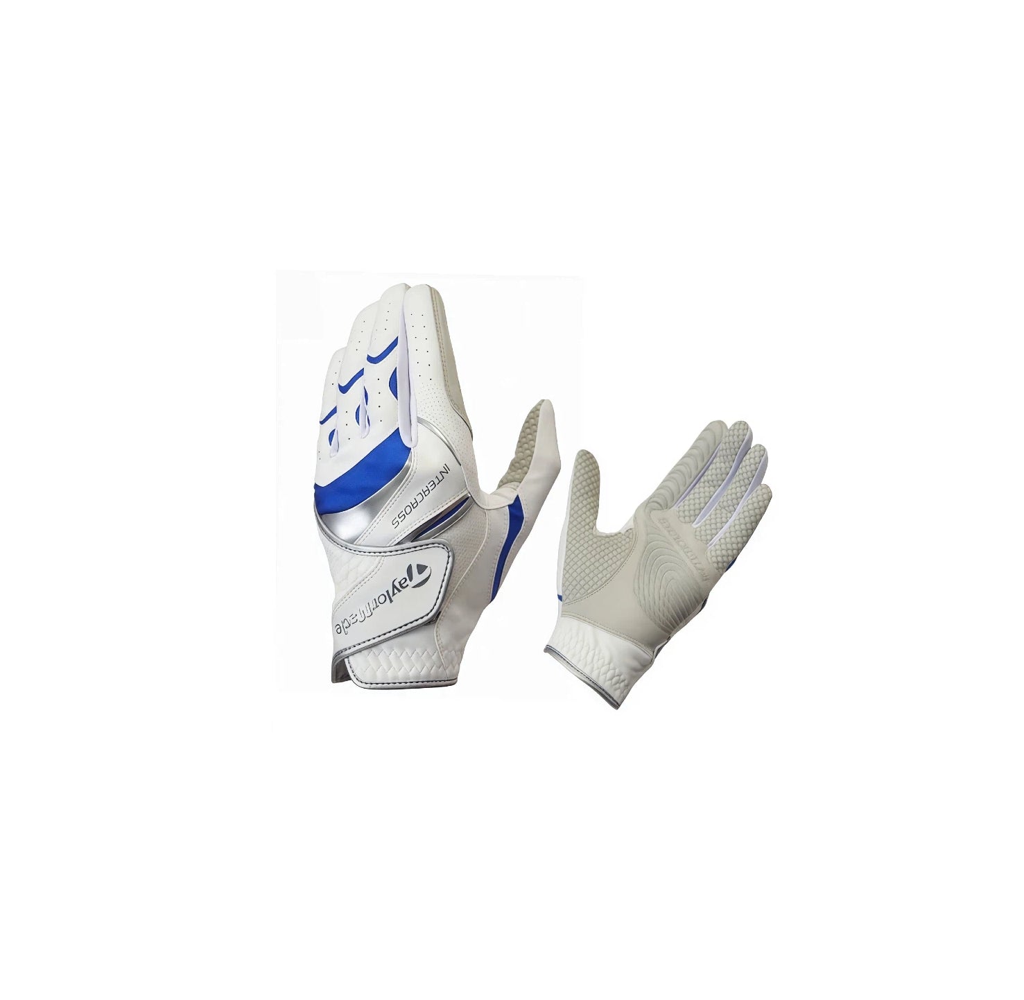Front and back view of TaylorMade Intercross golf glove showing reinforced palm for superior grip, flexibility, and moisture-wicking fabric.