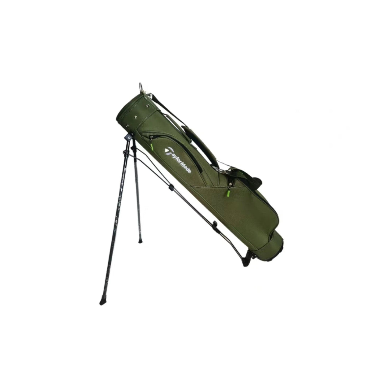 Angled view of the olive green TaylorMade stand golf bag with deployed dual stand legs for hands-free stability. Features a lightweight frame, padded base, and ergonomic design perfect for walking golfers.