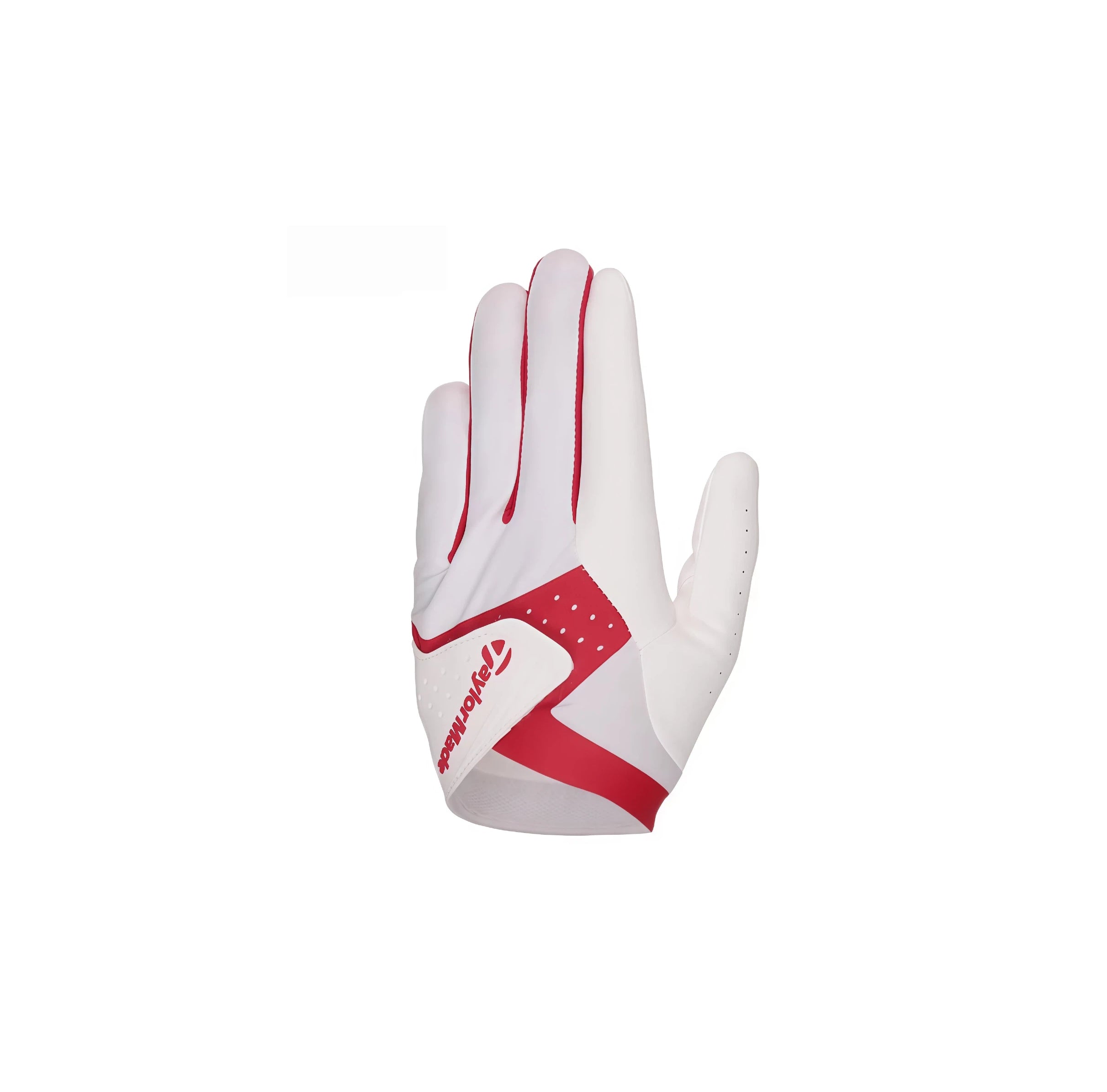 TaylorMade men's golf glove in white with red accents, featuring a breathable design, anti-slip palm, and the TaylorMade logo on the wrist strap for superior grip and style.