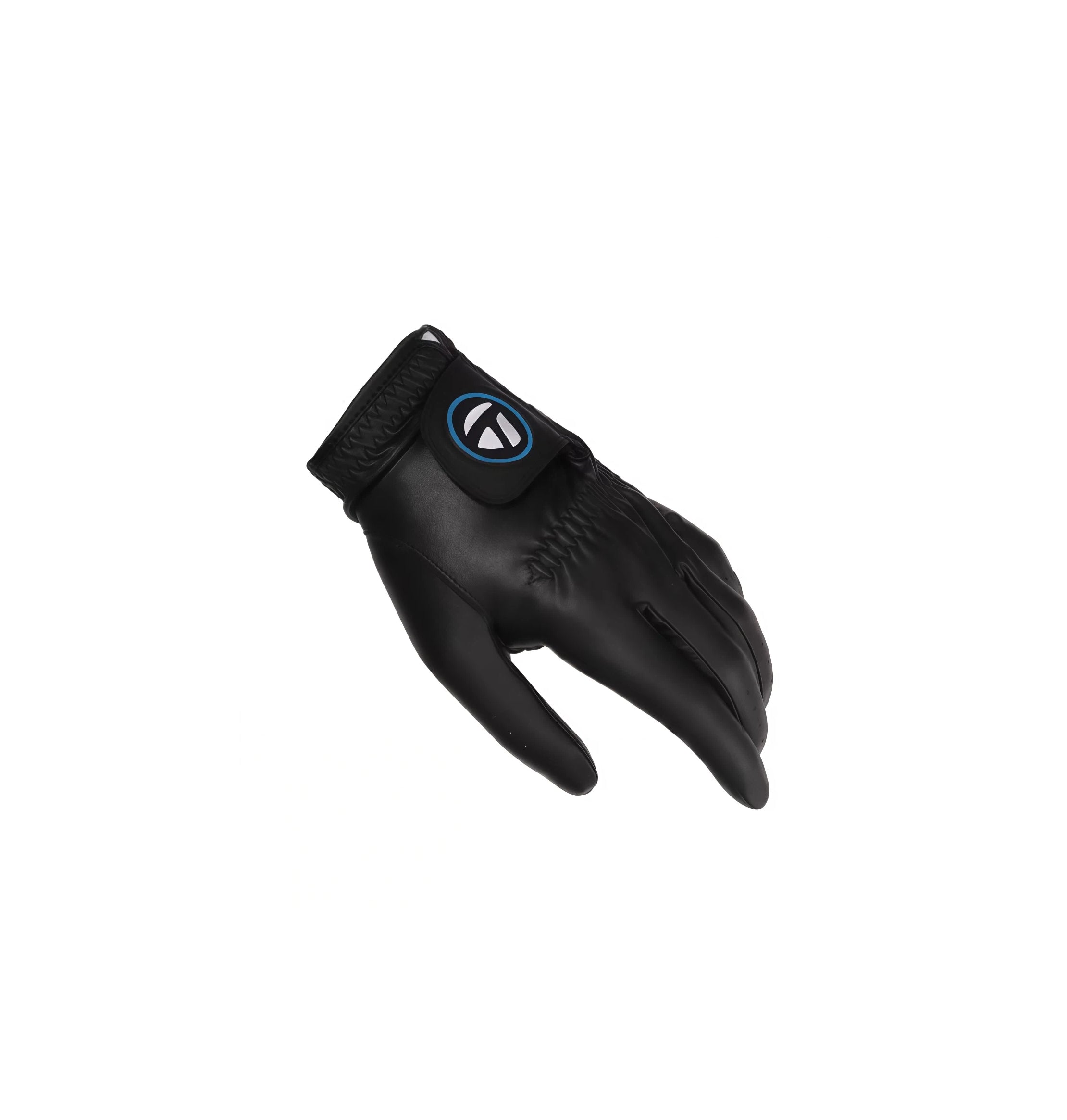  Side profile of a black TaylorMade men's golf glove, showcasing its ergonomic shape, stretchable cuff for easy wear, and durable synthetic leather construction for superior grip.