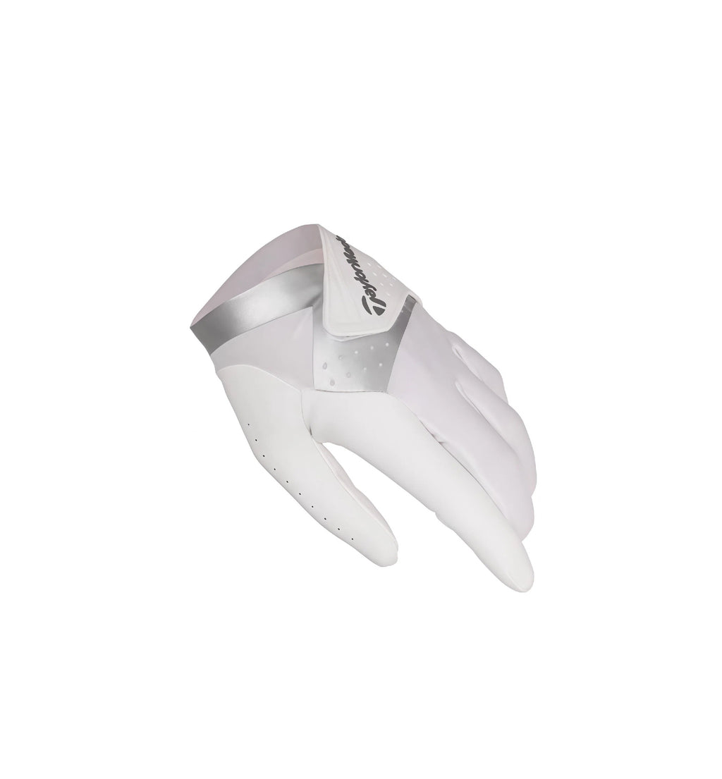 Side view of a TaylorMade men's golf glove showcasing the silver trim, breathable perforations, and ergonomic fit for enhanced performance on the course.