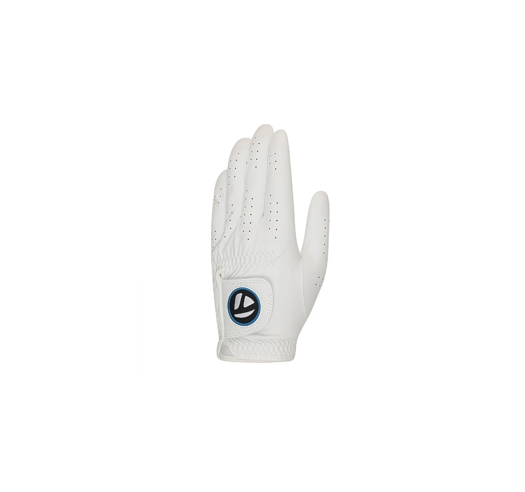  Top-down view of the TaylorMade U26245 Player's glove, highlighting the strategic perforation pattern for airflow and the adjustable wrist closure.