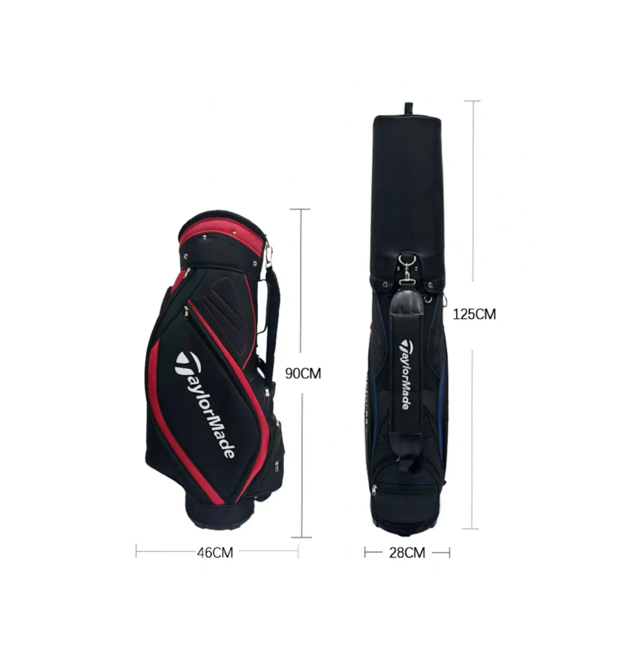 Front and side view of the TaylorMade Premium Cart Bag in black and red, showing exact dimensions: 90cm height, 46cm width, and 125cm total length with extended top. Ideal for golfers seeking durable, stylish cart bags with ample storage.