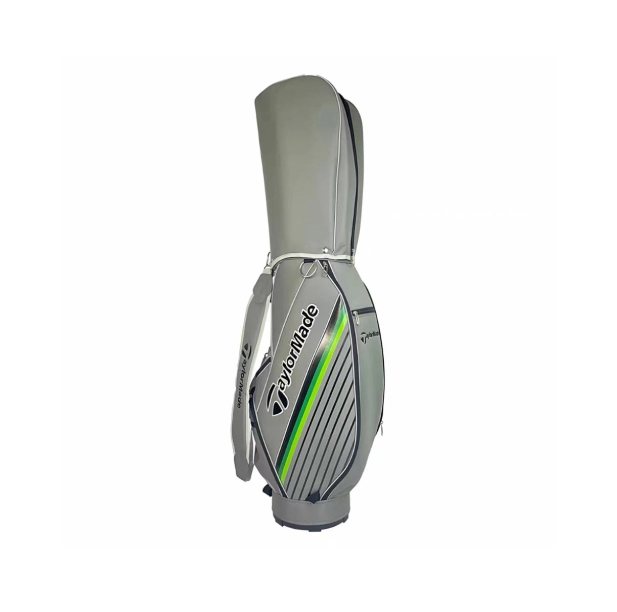 Side view of the TaylorMade RBZ SpeedLite golf bag in grey with vibrant green accent stripe. Features sleek design, durable synthetic material, and padded shoulder strap for comfortable carry. Ideal for golfers seeking lightweight performance and modern style.