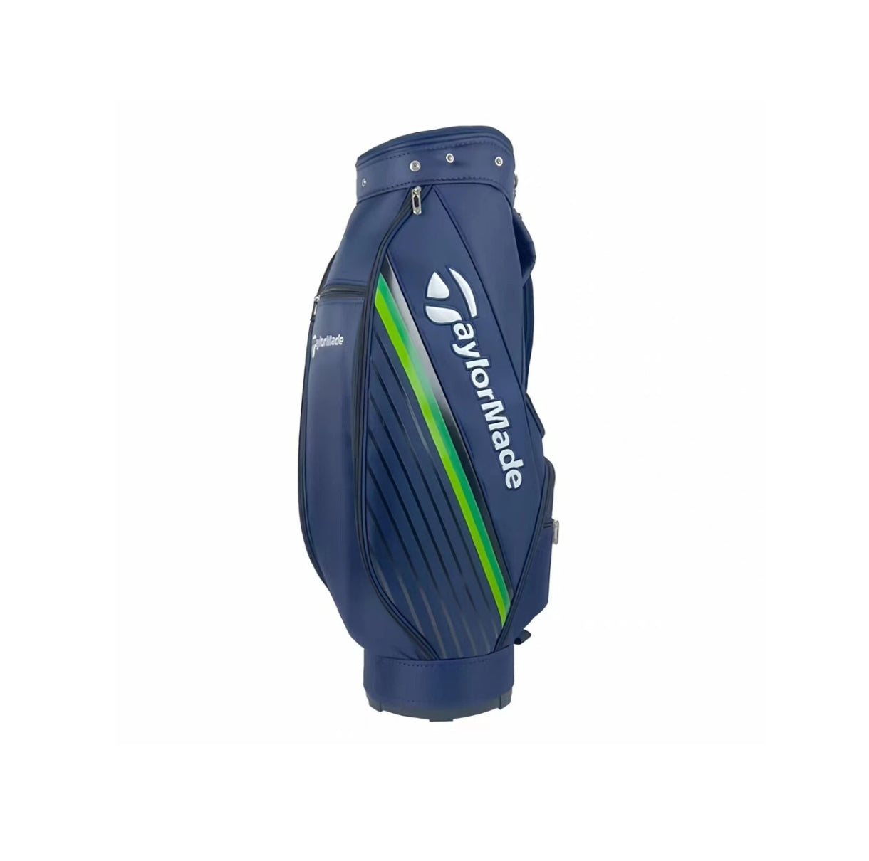 Front view of the TaylorMade RBZ SpeedLite golf bag in navy blue with white TaylorMade logo and bright green accent stripe. Engineered for lightweight performance and stylish design on the course.