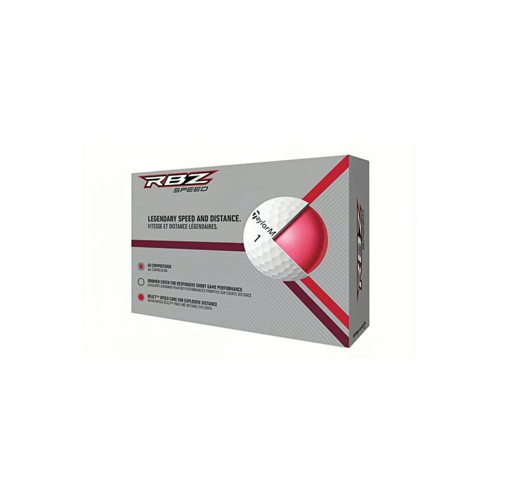 TaylorMade Rocket Ballz Speed 2025 golf balls box with a cross-section view, illustrating the internal core design for explosive distance and responsive short game performance.