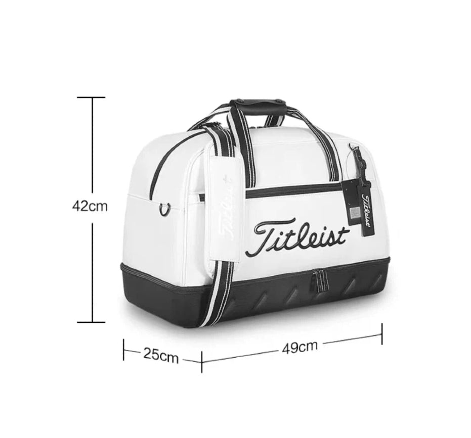 White Titleist Authentic Boston Bag with dimensions labeled: 49cm length, 25cm width, and 42cm height. Perfect size for golf gear, gym clothes, or weekend essentials.