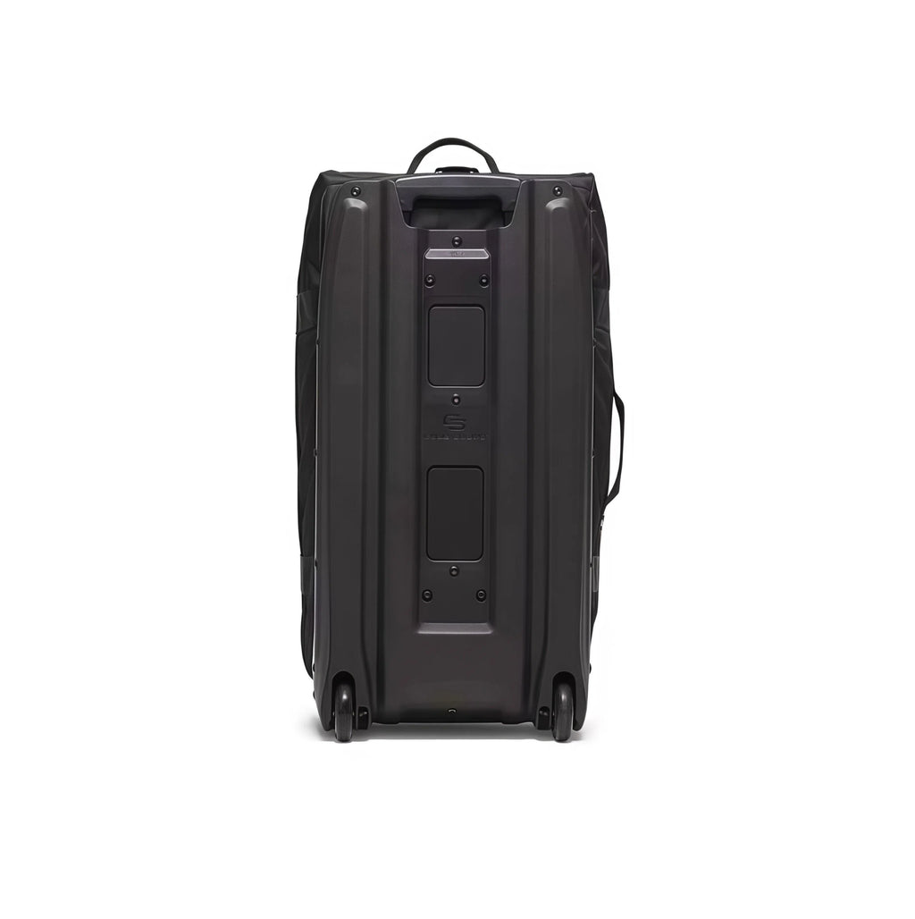 Back view of the Titleist Club Rolling Duffle Bag showcasing dual spinner wheels, reinforced base, and structural design for durability and stability during transit.